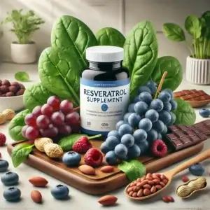 image of a bottle of resveratrol surrounded by fruit and spinach